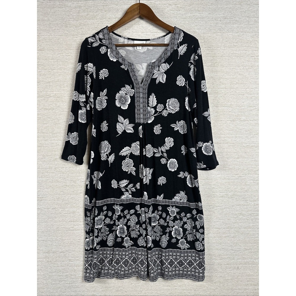 J.Jill Womens M Black White Floral Tunic Dress Boho 3/4 Sleeve Casual Midi Flowy